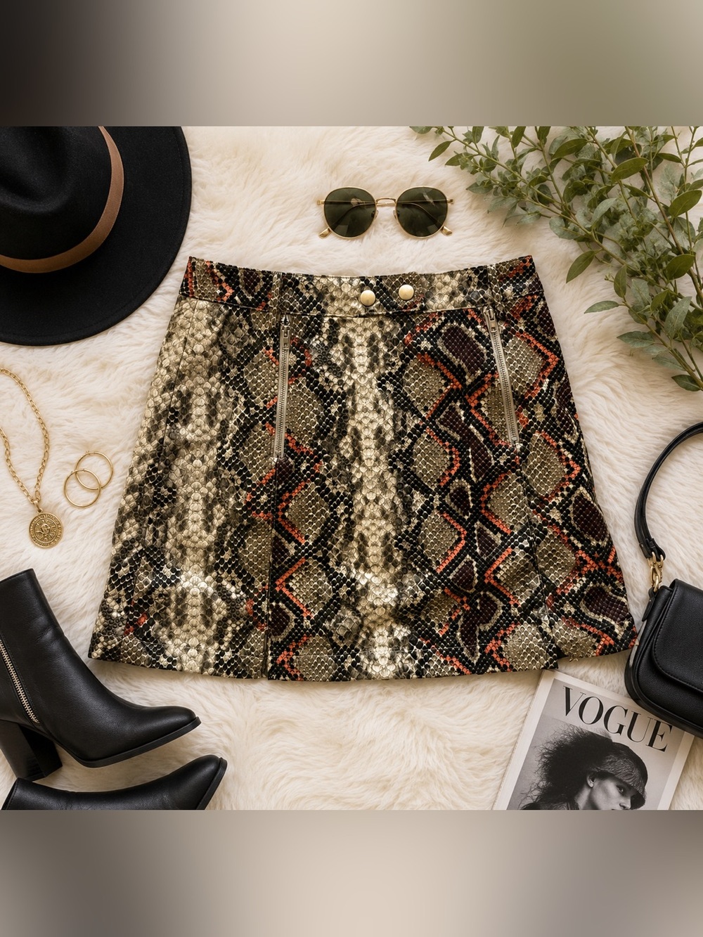 Altar’d State Snake Print Faux Leather Mini Skirt Zip Pocket Brown Tan Women’s S